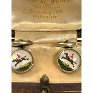 Antique VTG 14K Gold Intaglio Reverse Essex Crystal Horse Jockey Cufflinks Derby
